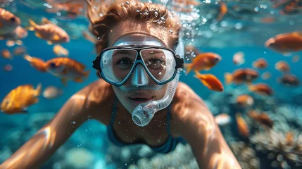 Fototapeten woman snorkeling  dive underwater with Nemo fishes in the coral reef Travel lifestyle, watersport adventure, swim activity on a summer beach holiday in Thailand © Fokke Baarssen
