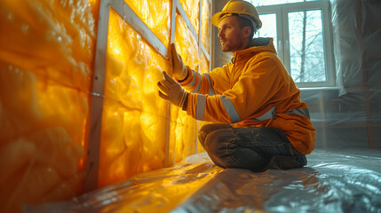 house wall insulation. worker installing glass wool into a profile frame indoors, cold barrier. Comfortable warm home, economy, construction and renovation concept - obrazy, fototapety, plakaty