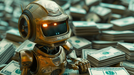 Futuristic Robot Surrounded by Stacks of Money