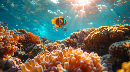  dive underwater with Nemo fishes in the coral reef at sunset Travel lifestyle, watersport...