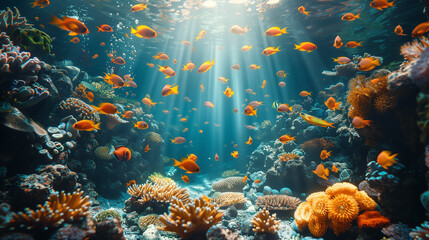 dive underwater with Nemo fishes in the coral reef  and sun raysTravel lifestyle, watersport...