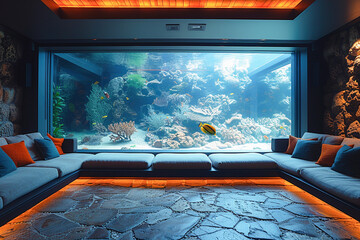Luxurious Living Room With Large Built-In Saltwater Aquarium