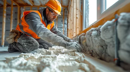 Fotobehang house wall insulation. construction worker installing glass wool into a profile frame indoorsMan installing fiberglass insulation © Fokke Baarssen
