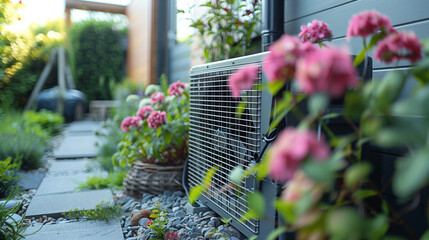 Heat pump outdoor unit in front of a newly built single-family house, warmte pomp, translation air source heat pump, airco for warming and cooling, green label concept house - obrazy, fototapety, plakaty