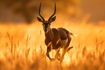 Golden Silhouette: An Iconic Portrait of a Majestic Antelope Galloping Powerfully Against a Sunset Savannah Backdrop