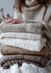 Cozy Hands Resting on a Pile of Warm Knitted Sweaters