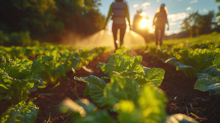 A Farmer spraying herbicides, pesticides, or insecticides on vegetable green vegetable plants, Man farmer to spray herbicides or chemical fertilizers on the fields - obrazy, fototapety, plakaty