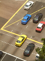 High angle of street, cars and parking lot for road infrastructure, transport and traffic flow. Aerial view of outdoor with driving and asphalt and lines or design for travel, car and street rules