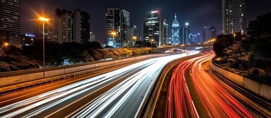 Obraz premium Traffic on a high-speed city road with vehicle lights that are like streaks of light at night.