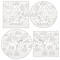 A set of contour illustrations in the style of stained glass with cute cartoon hedgehog and moose, dark contours on a white background