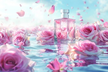 Elegant Perfume Bottle Surrounded by Pink Roses and Petals on a Reflective Surface