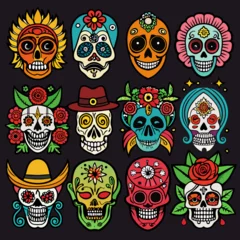 Glasschilderij Schedel Beautifully Drawn Dia de Muertos Skull Artworks - Colorful Mexican Calavera Designs for Day of the Dead  