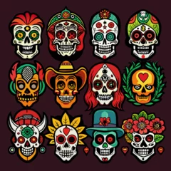 Muurstickers Schedel Beautifully Drawn Dia de Muertos Skull Artworks - Colorful Mexican Calavera Designs for Day of the Dead  