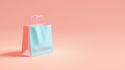 3d shopping bag on pastel background. Discount or sale, buying, selling, delivery, eco friendly packaging, special offer promotion. Fashion minimal creative concept, Black Friday sale, online shopping