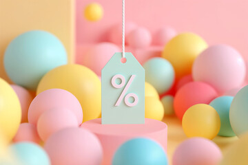 3d shopping price tag with percentage symbol on pastel background. Template for discount or sale message, special offer promotion. Fashion label tag mockup. Black Friday sale, online shopping
