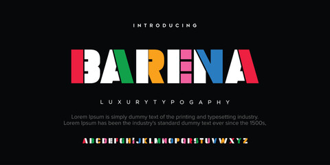 Barena Modern Design vector linear Font for Title, Header, Lettering, Logo, Monogram. Corporate Business Luxury Technology Typeface. Letters, Numbers. - obrazy, fototapety, plakaty