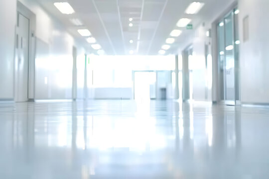white doorway in a hospital hallway blurry image, corridor in hospital, abstract blur luxury hospital corridor, generative ai