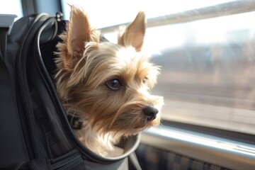 Yorkshire Terrier peeks out from a backpack carrier on a train, gazing outside.