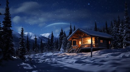 Night Landscape. A log cabin of a Hunter, a wooden house with lighted windows in the forest on a snowy winter night against the background of mountains and the Starry sky.