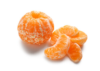 Fresh peeled tangerines on white background