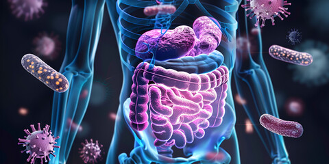 Anatomy of human body with Gastro intestine bacteria virus infection
gut microbiota in human health and disease Human Digestive System Anatomy Human immune system concept.  - obrazy, fototapety, plakaty