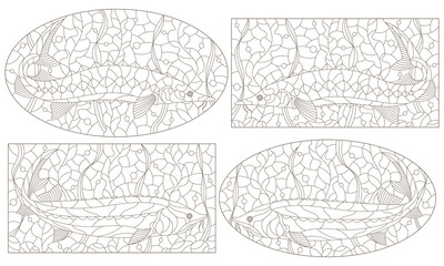 Set of contour illustrations in stained glass style with beluga fishes, dark outlines on a white background
