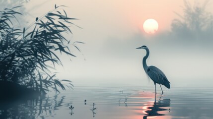 Serene Heron in Misty Lakeside Sunrise - obrazy, fototapety, plakaty