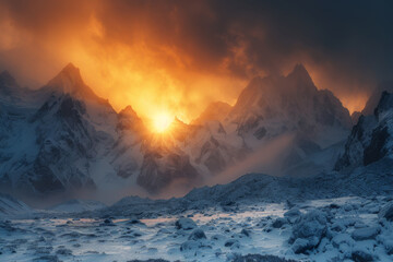 The sun is rising behind tall mountains and snow.
