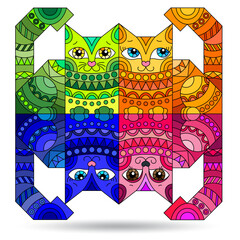 Stained glass illustration with bright geometric cats isolated on a white background