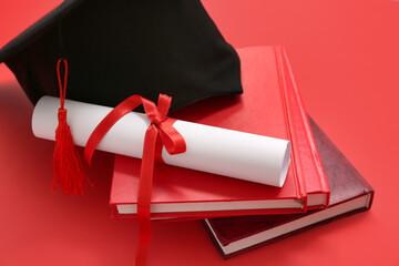 Graduation hat with diploma and notebooks on red background