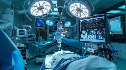 Robotic surgical equipment operating on a patient in a high-tech operating room