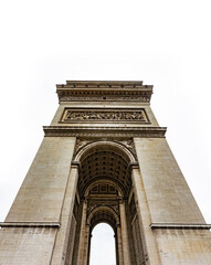 Sideways and frog eye view of Arc de Triomphe in Paris, France, isolated on white