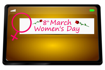 Tablet computer with International Women's Day Banner - 8 March - 3D illustration - 748490500