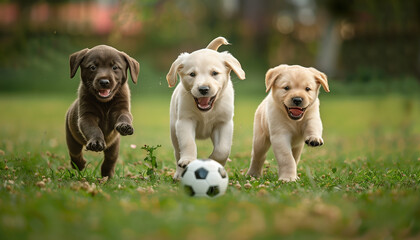 Energetic Labrador Puppies Engage in Playful Soccer Game