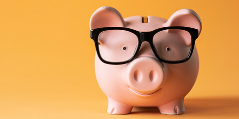 Close-up of piggy bank wearing glasses on yellow background