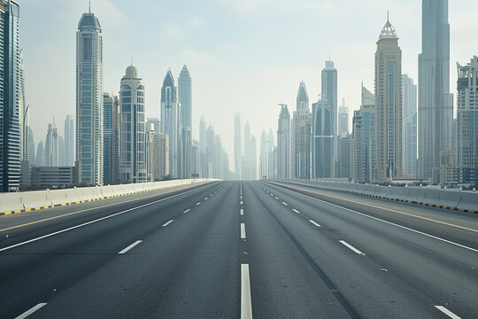 The empty highway surrounded by highrises.