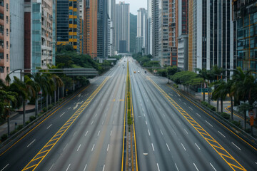 The empty highway surrounded by highrises
