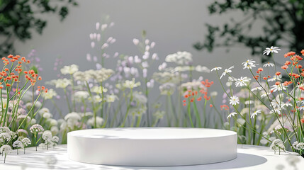 Fototapeta na wymiar white concrete podium in Natural flower background for Empty show for packaging product presentation. Background for cosmetic products, the scene with green leaves. Mock up the pedestal