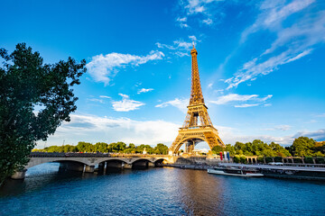 Scenic panorama of Eiffel Tower, Seine River, and pont d'lena in Paris, France