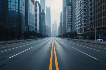 Obraz premium The empty highway surrounded by highrises.