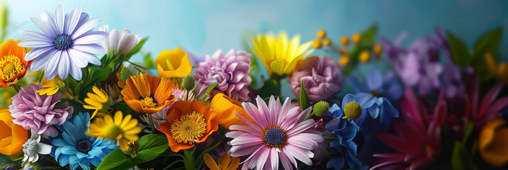 Fototapeta na wymiar Colorful flowers in a vase on a table, perfect for spring or botanical concepts, greeting cards, or interior design blogs.