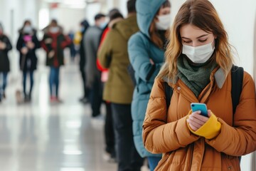 Young woman wearing a mask and using a smartphone, standing in line indoors with people in the background. Hospital queue