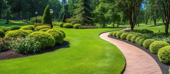 Well-kept garden lawn with beautiful flowerbeds when the sun is bright. - obrazy, fototapety, plakaty