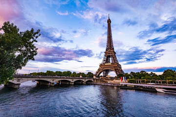 Panoramic view of Eiffel Tower, Pont d'lena, and Seine River in Paris, France