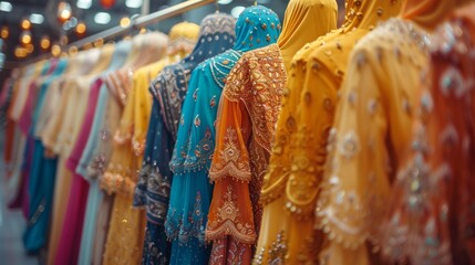 Colorful traditional dresses hanging in a row, awaiting to be worn for Eid prayers and festivities