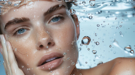 Crisp Clarity Closeup of a Woman with Water Droplets. moisturized, moisturizing, cosmetic shot, beauty industry advertising photo.