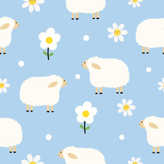 Seamless pattern with cute sheep, daisy floral for your fabric, children textile, apparel, nursery decoration, gift wrap paper, baby's shirt. Vector illustration