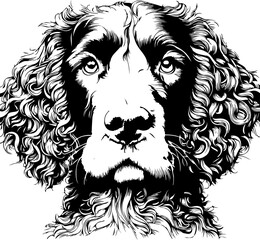 american water spaniel dog pet portrait in line art or stencil art illustration, isolated on transparent background