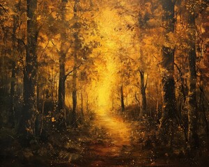 Golden hour in an autumnal forest rendered in nebulous art