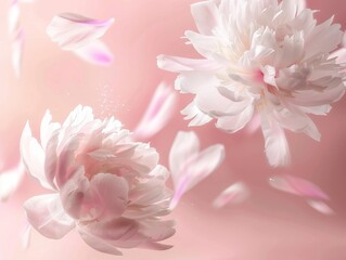 a flying big white falling flower art, wedding romantic bloom peony nature celebration background, decoration pastel pink holiday creative background